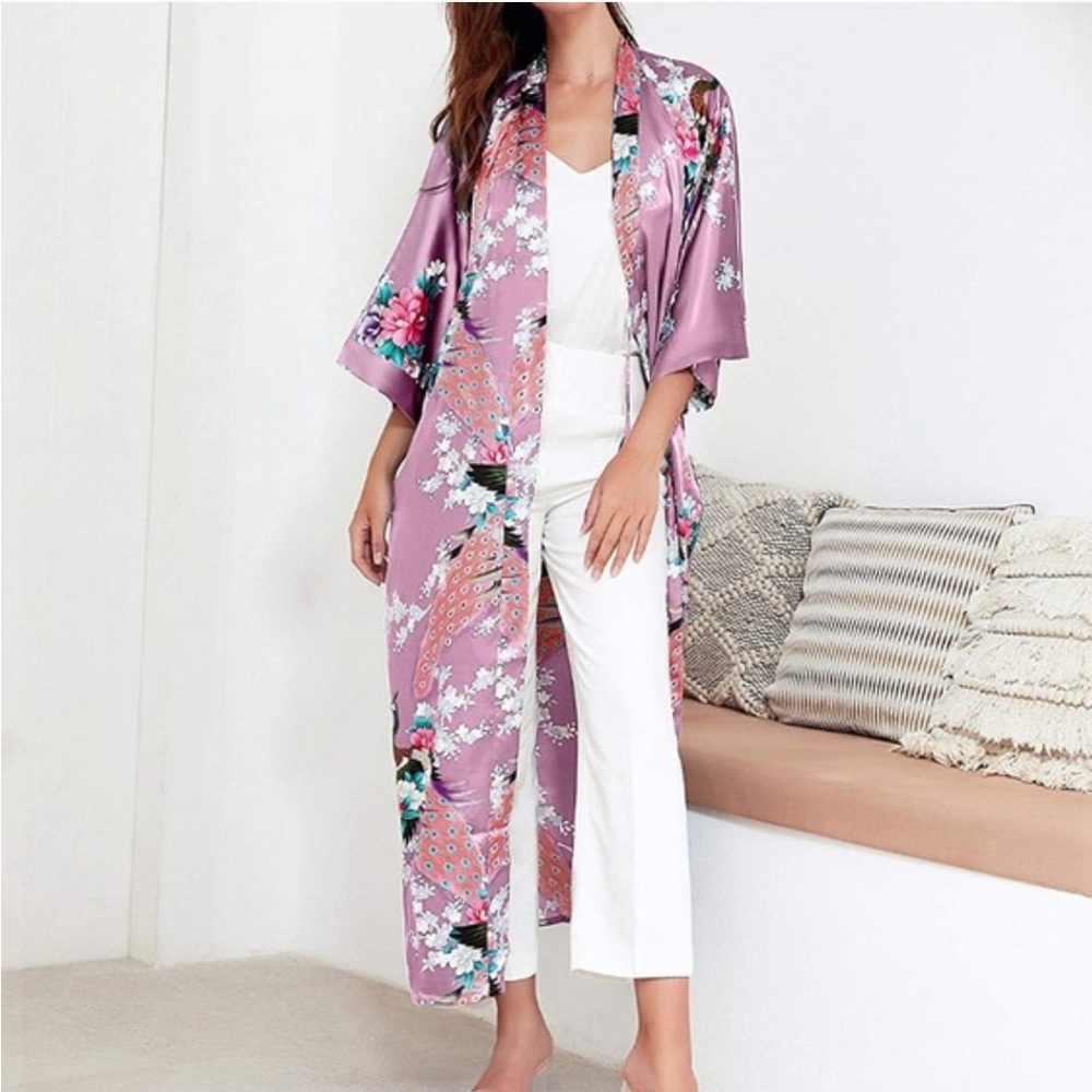 Kim + Ono Kimono Long Robe Peacock and Blossoms Prints